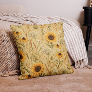 Sunflower Meadow reversible pillow cover with golden sunflowers, daisies, prairie grasses, and soft linen-look reverse