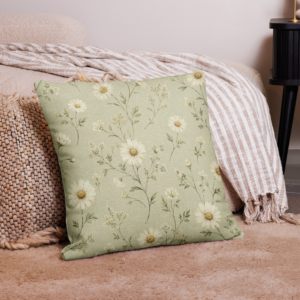 Sage Daisy Meadow reversible pillow cover with delicate daisies, soft meadow florals, and a coordinating sage linen-look reverse