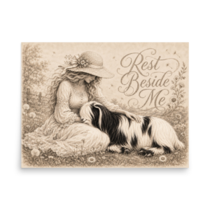 Rest Beside Me Christian wall art with woman seated in a meadow beside a resting Mini Silky Fainting Goat