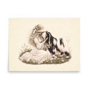 Close in Grace Christian wall art featuring a woman seated beside a Mini Silky Fainting Goat in a peaceful meadow