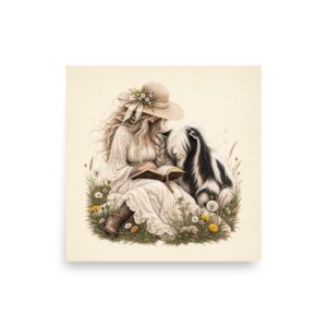Beside Me in the Word Christian wall art with woman reading an open Bible beside a Mini Silky Fainting Goat in a peaceful meadow
