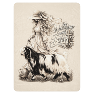 Walking with Jesus Faith & Farm Sherpa blanket with woman and Silky Fainting Goat