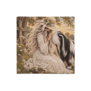 Morning Prayer Christian pillow with woman kneeling in prayer beside a Mini Silky Fainting Goat at sunrise