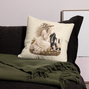 Dandelion Dreams reversible pillow cover with Silky Fainting Goat artwork and coordinating dandelion meadow pattern