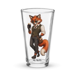 Sly McFly Barnyard Crew 16 oz shaker pint glass featuring orange fox character