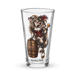 Bourbon Belle Barnyard Crew 16 oz shaker pint glass featuring elegant western goat character
