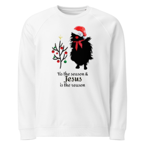Jesus Is the Reason Christmas goat raglan sweatshirt with black goat in Santa hat